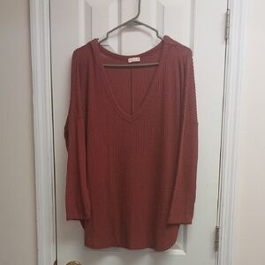 MARONIE, Maroon V-Neck Long Sleeved Lightweight Pullover Top. Size M